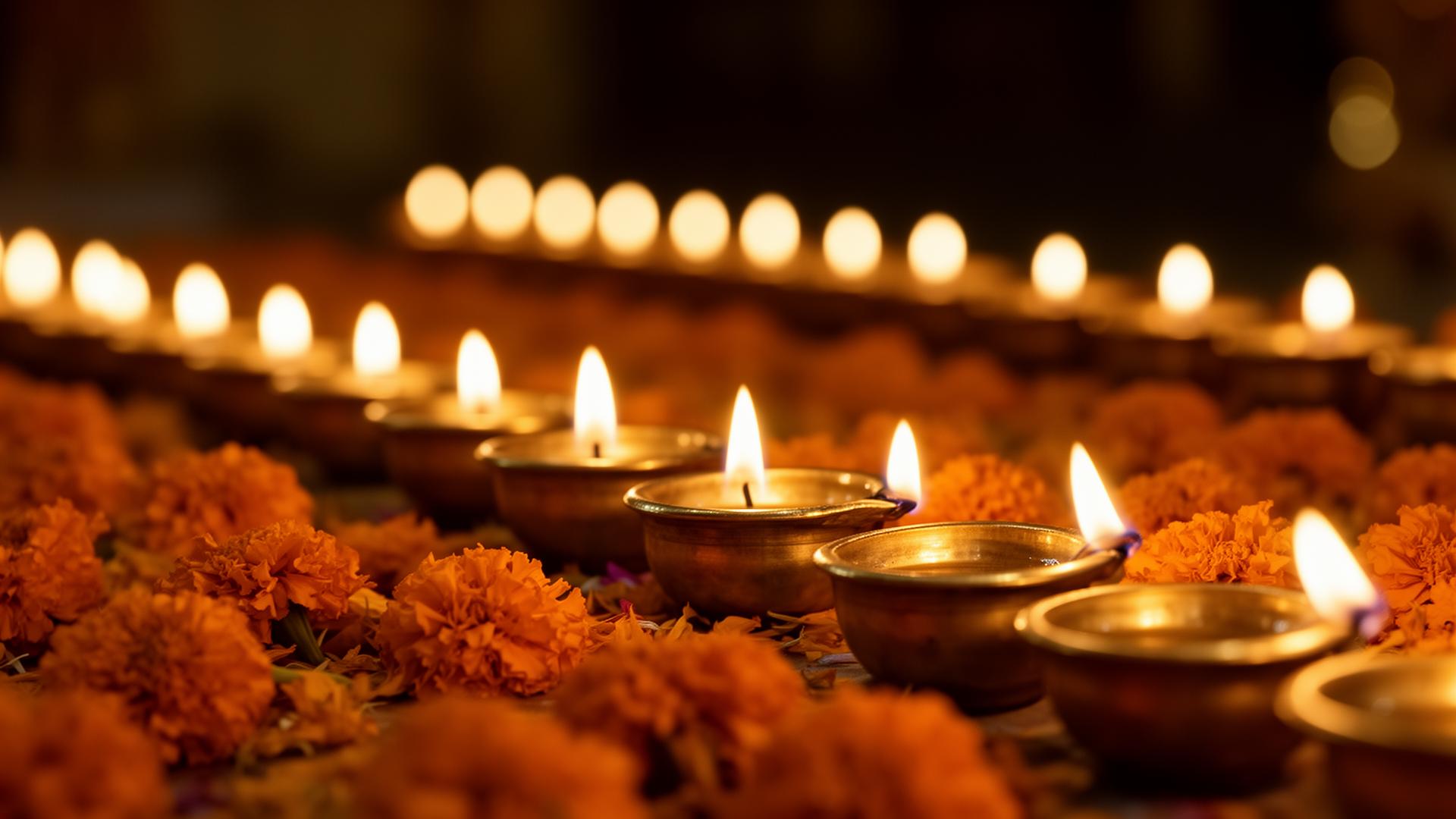 Rows of glowing brass oil lamps surrounded by marigold flowers